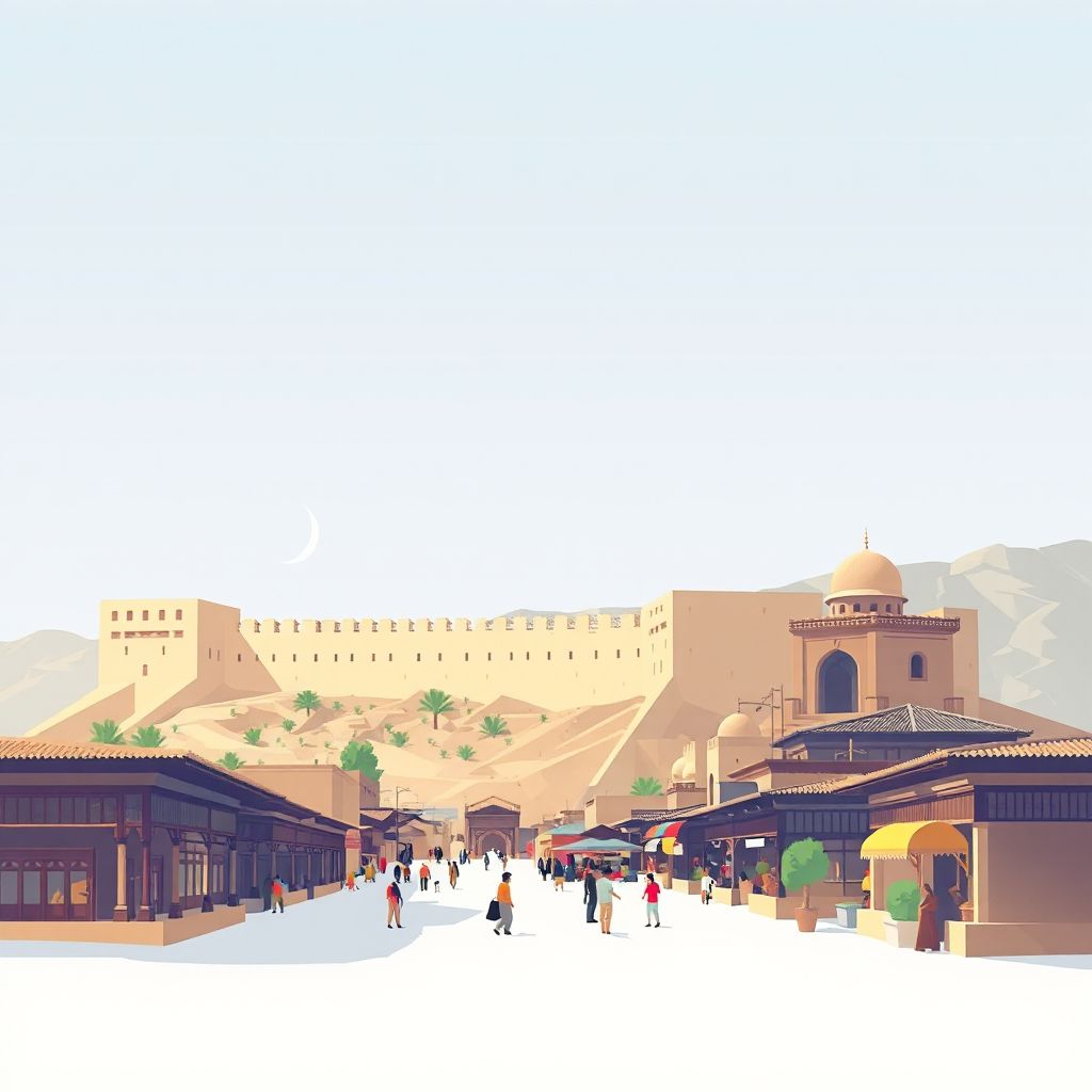 Ultra-high-definition gradient illustration style Khash illustration, showing the unique charm of the ancient city walls and the local bazaar.