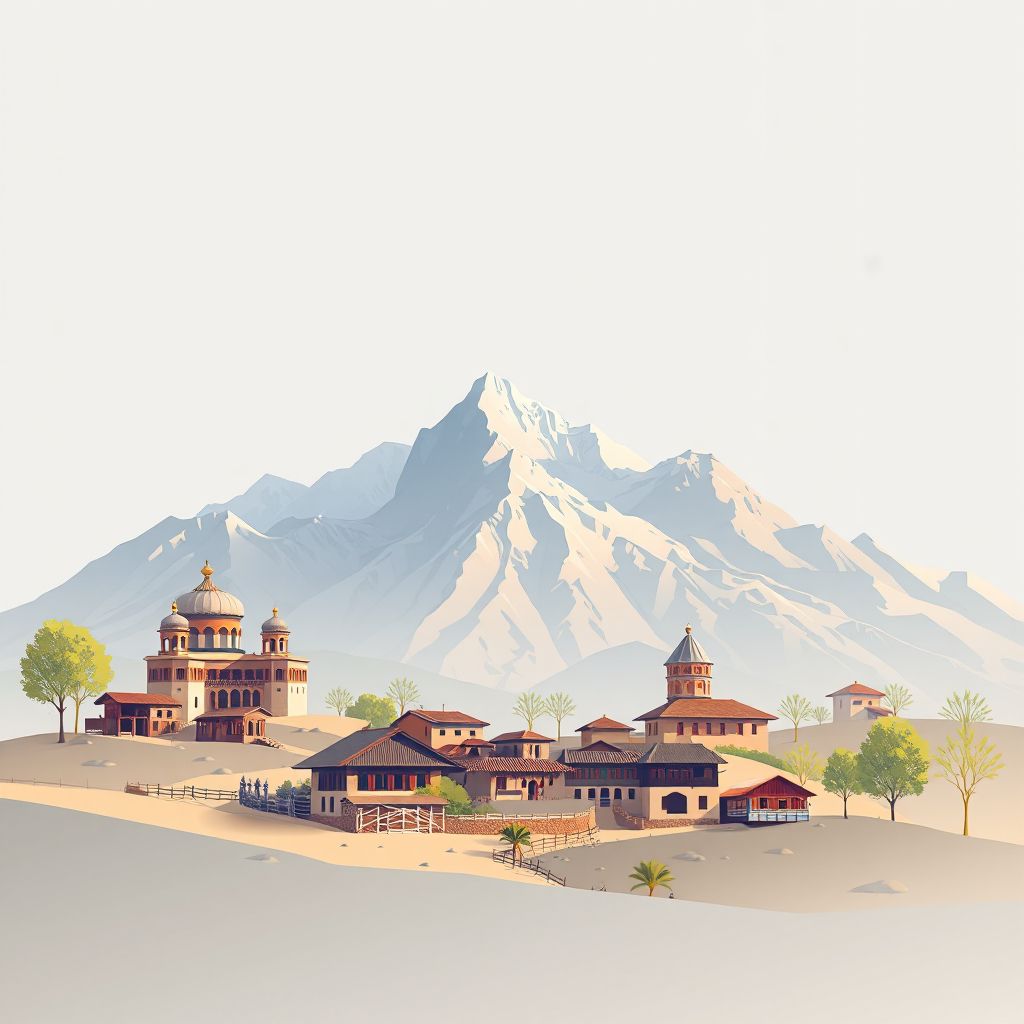 Ultra-high-definition gradient illustration style Kishim illustration, showing the unique charm of the Pamir Mountains, and the local traditional houses.
