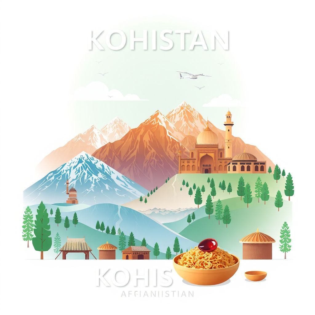 Ultra-high-definition gradient illustration style Kohistan illustration, showing the unique charm of the Pamir Mountains, the Wakhan Corridor, and Kabuli Pulao.