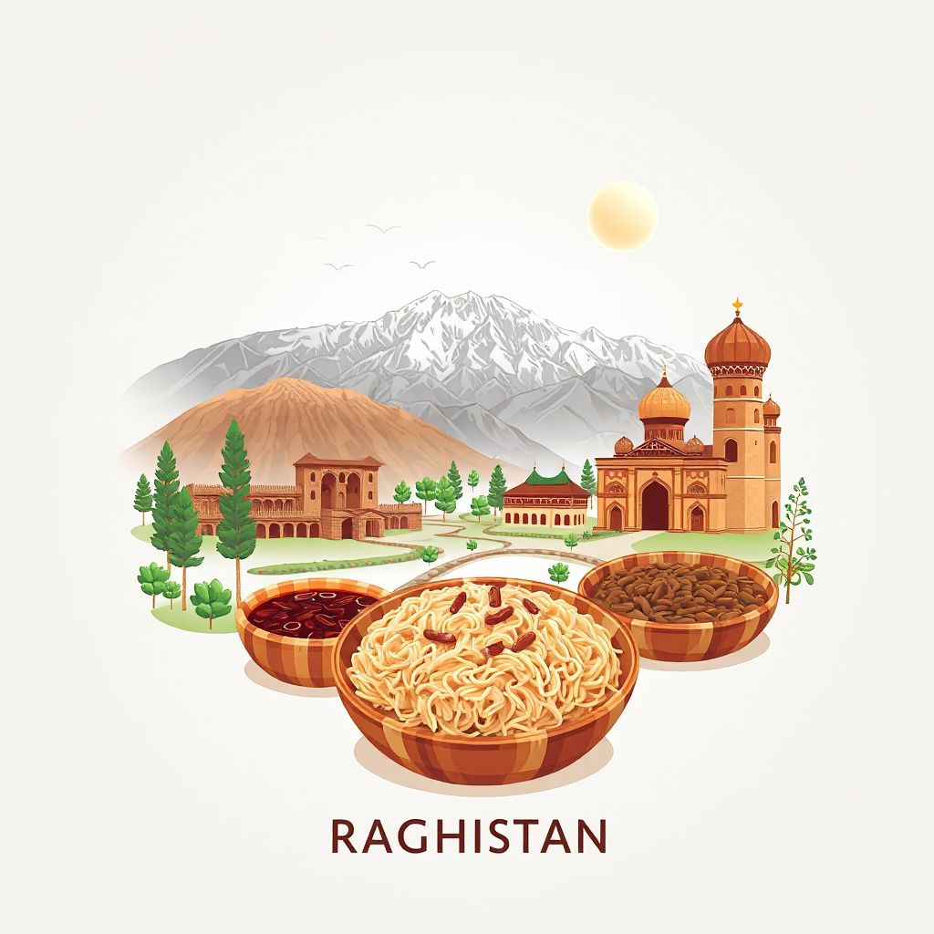 Ultra-high-definition gradient illustration style Raghistan illustration, showing the unique charm of the Pamir Mountains, the Wakhan Corridor, and Kabuli Pulao.