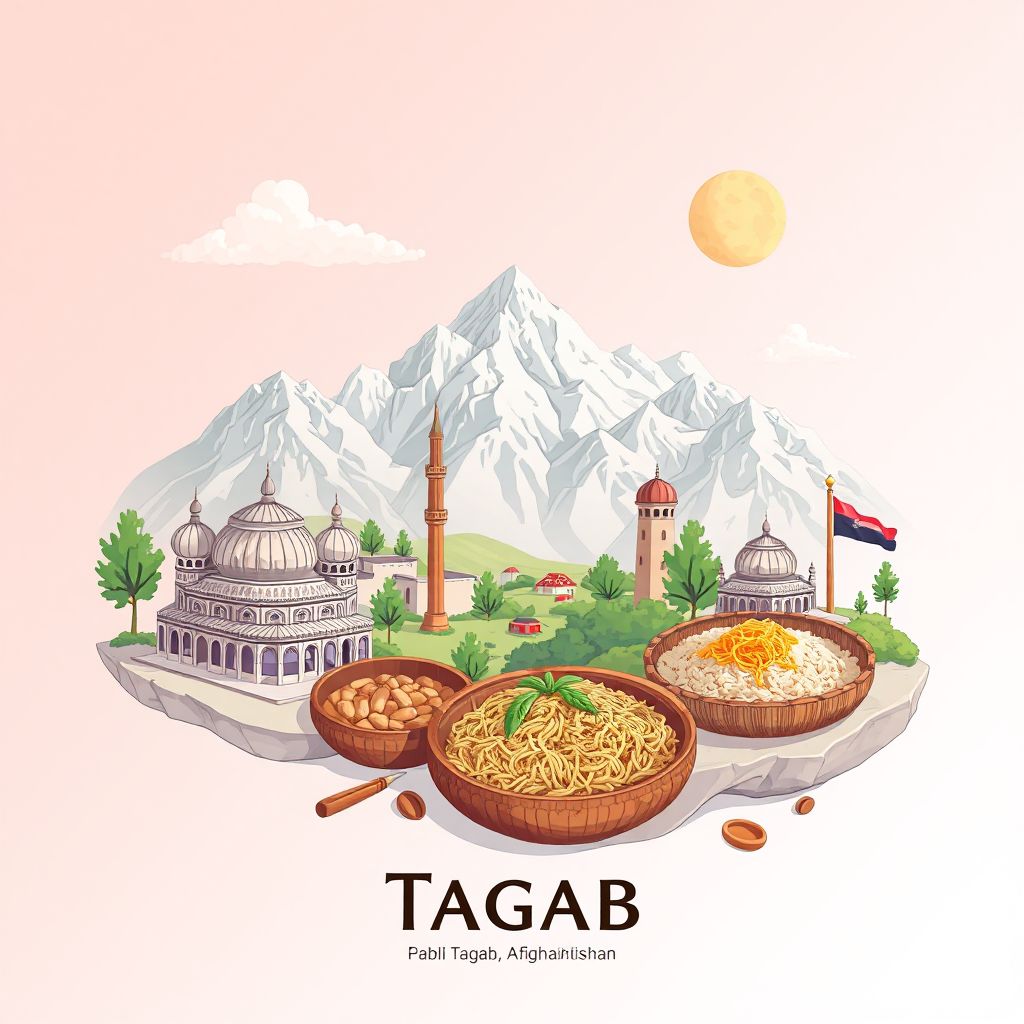 Ultra-high-definition gradient illustration style Tagab illustration, showing the unique charm of the Pamir Mountains and Kabuli Pulao.