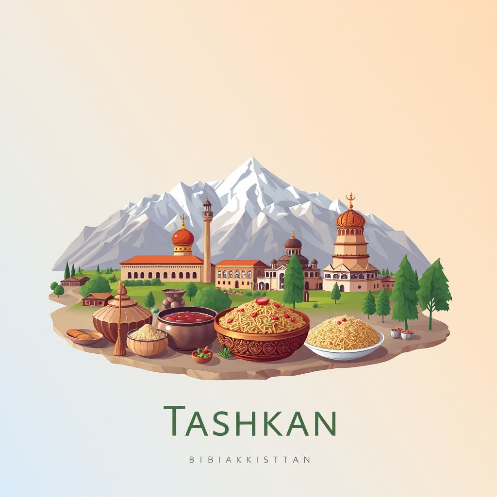Ultra-high-definition gradient illustration style Tashkan illustration, showing the unique charm of the Pamir Mountains, the Wakhan Corridor, and Kabuli Pulao.