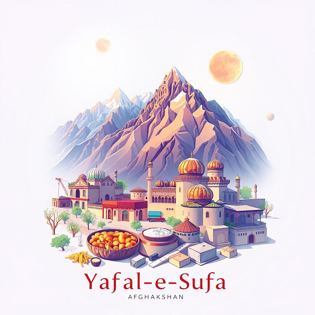 Ultra-high-definition gradient illustration style image of Yaftal-e Sufla, featuring the Pamir Mountains and Mantu.