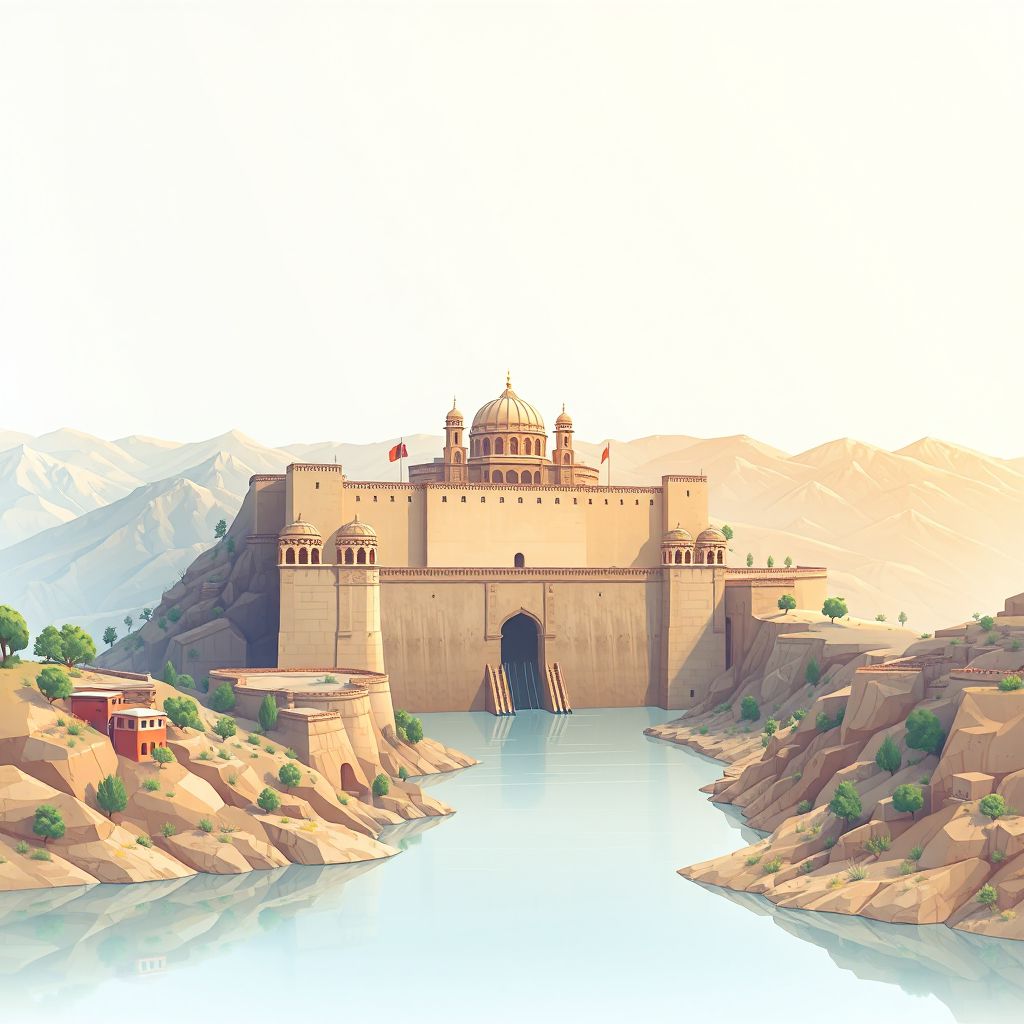 Ultra-high-definition gradient illustration style Ab-e Kamari illustration, showing the unique charm of the Ab-e Kamari Dam and natural landscapes.