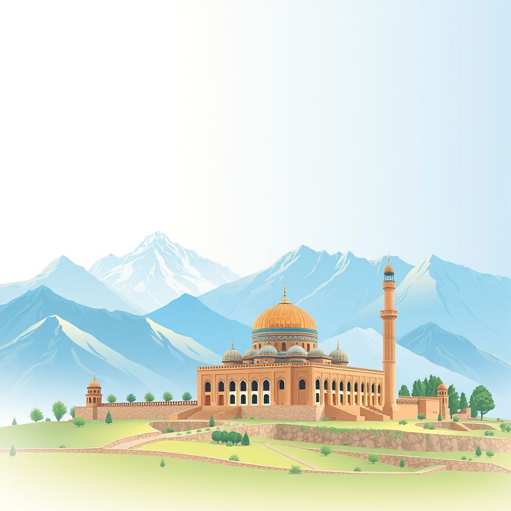 Ultra-high-definition gradient illustration style Ghormach illustration, showing the unique charm of the Ghormach Mosque and the surrounding mountains.