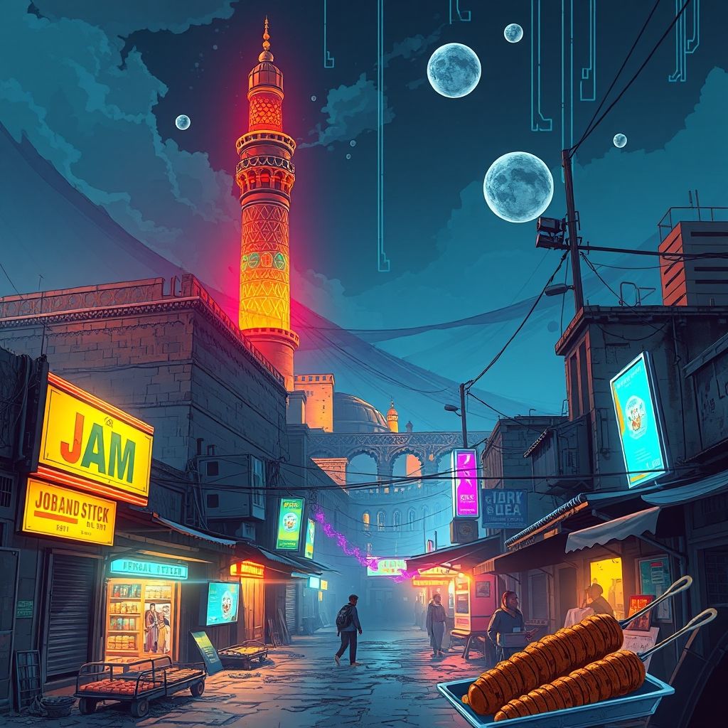 Cyberpunk illustration of Jowand, Badghis, Afghanistan, showcasing the Minaret of Jam, bustling markets, and Afghan kebabs with futuristic elements.