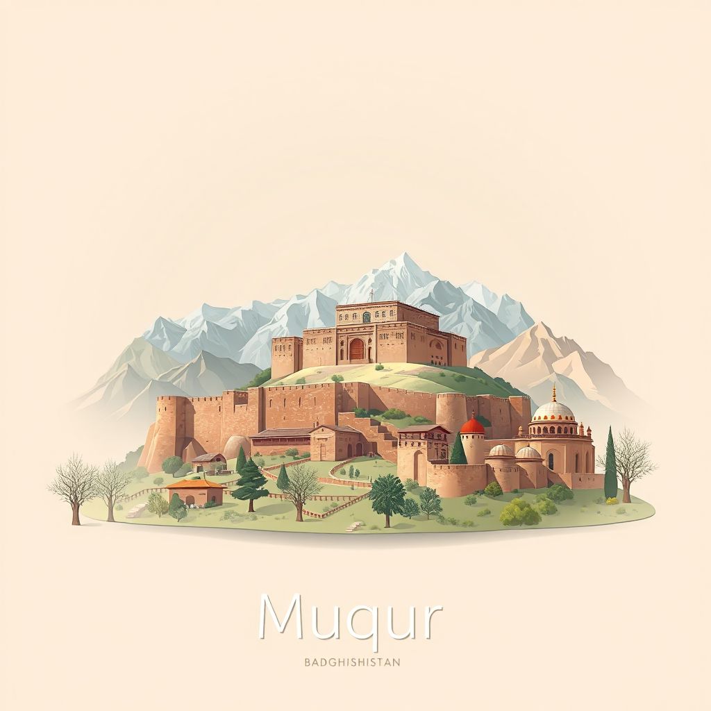 Ultra-high-definition gradient illustration style Muqur illustration, showing the unique charm of the Qala-e-Bost Fortress, the Badghis Mountains, and Mantu.
