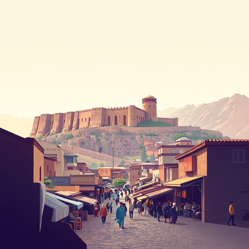 Ultra-high-definition gradient illustration of Qal'ah-ye Now, featuring the ancient fortress and local bazaar.