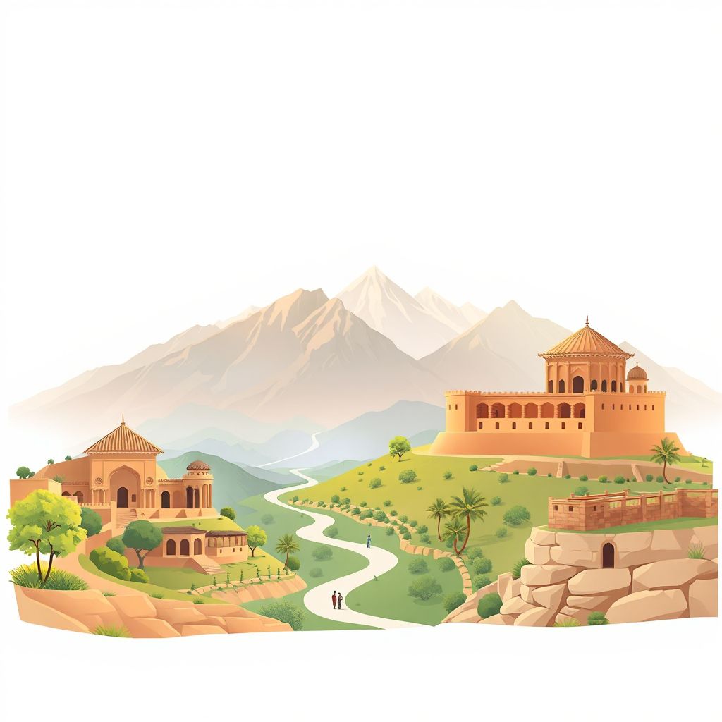 Ultra-high-definition gradient illustration style Andarab illustration, showing the unique charm of the Andarab Valley, the ancient ruins of Andarab.