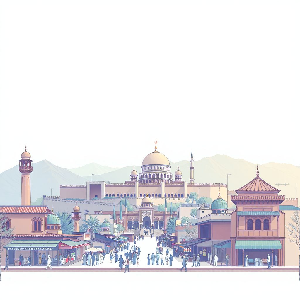 Ultra-high-definition gradient illustration style Burkah illustration, showing the unique charm of the Burkah Mosque, the Baghlan Citadel, and the local bazaar.