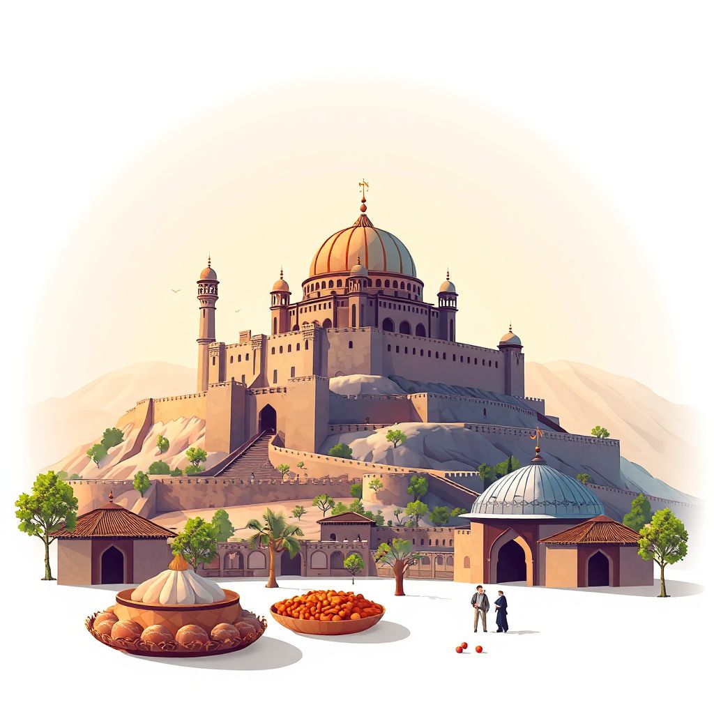 Ultra-high-definition gradient illustration style Dahanah-ye Ghori illustration, showing the unique charm of the Baghlan Citadel and Mantu.