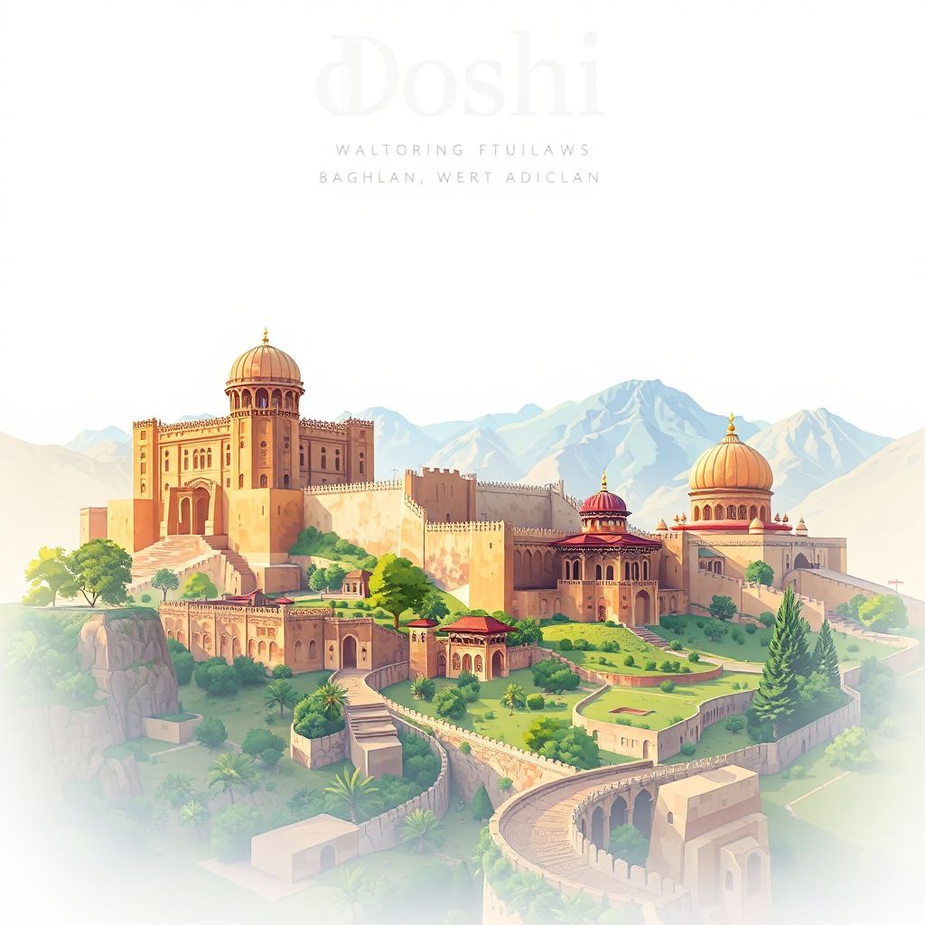 Ultra-high-definition gradient illustration style Doshi illustration, showing the unique charm of the Baghlan Citadel and Band-e Amir National Park.