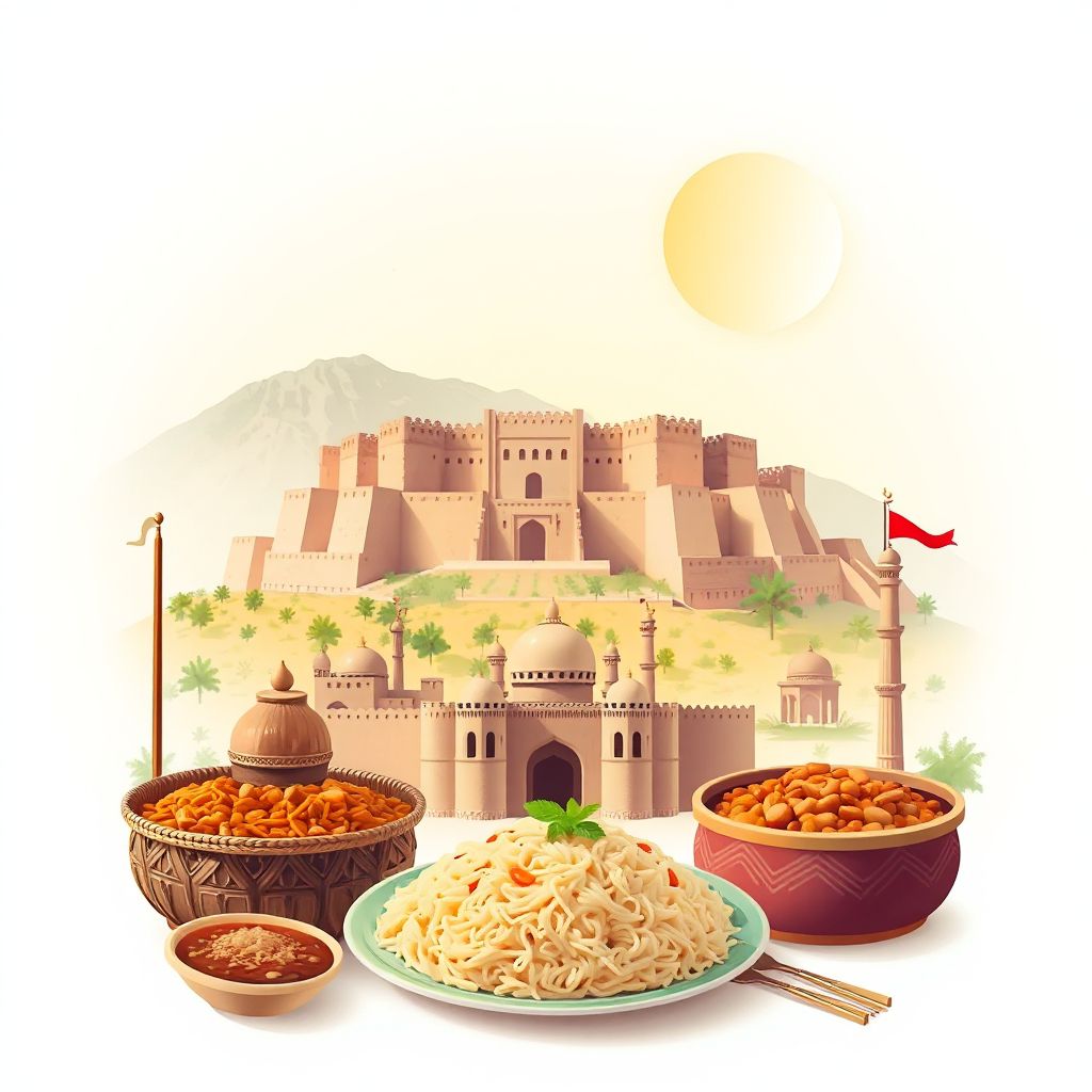 Ultra-high-definition gradient illustration style Firing wa Gharu illustration, showing the unique charm of the Baghlan Citadel and Kabuli Pulao.