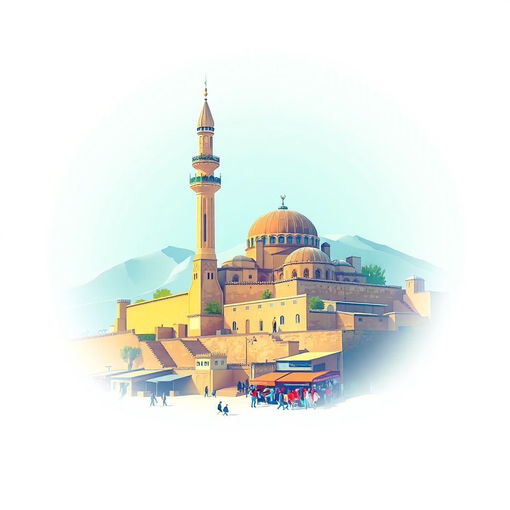 Ultra-high-definition gradient illustration of Guzargah-e Nur, featuring ancient minarets and a bustling local bazaar.