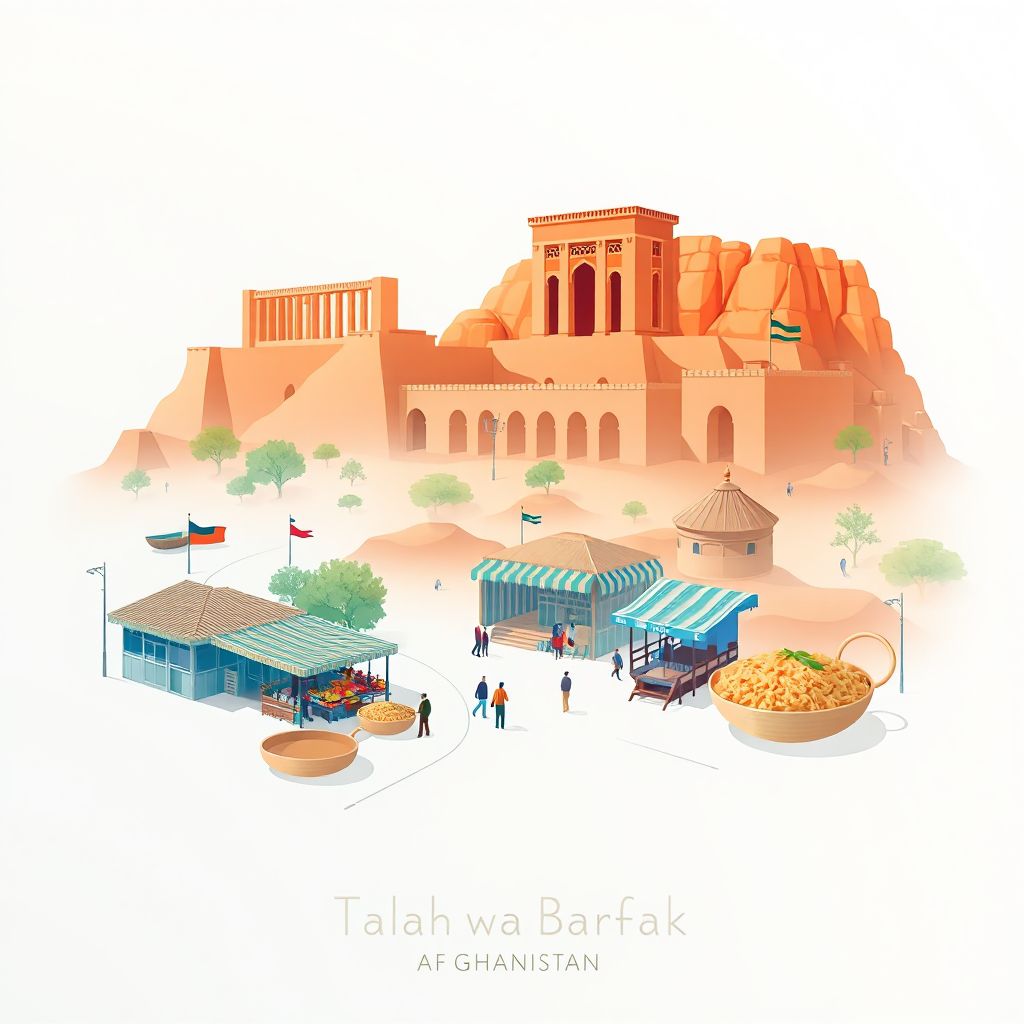 Ultra-high-definition gradient illustration style Talah wa Barfak image, showing the unique charm of the ancient ruins, local bazaar, and Kabuli Pulao.