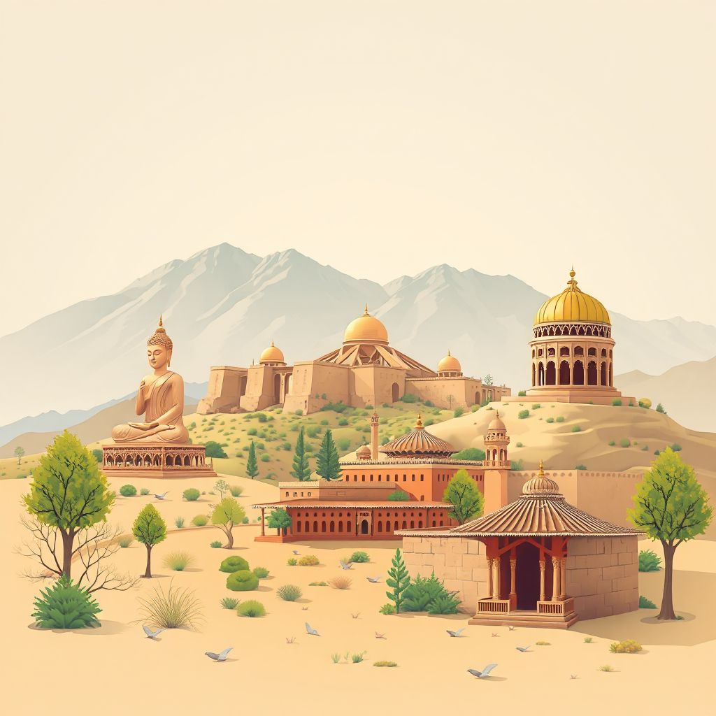 Ultra-high-definition gradient illustration style Panjab illustration, showing the unique charm of the Buddha statues of Bamyan, the Shahr-e-Zohak, and the local cuisine of mantu.