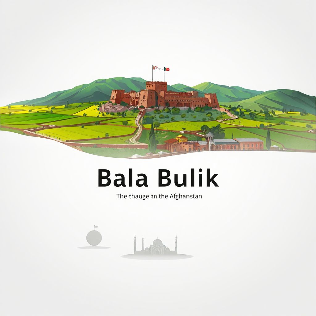 Ultra-high-definition gradient illustration style Bala Buluk illustration, showing the unique charm of the ancient fortress of Bala Hisar, lush green fields, and traditional Afghan cuisine like mantu.