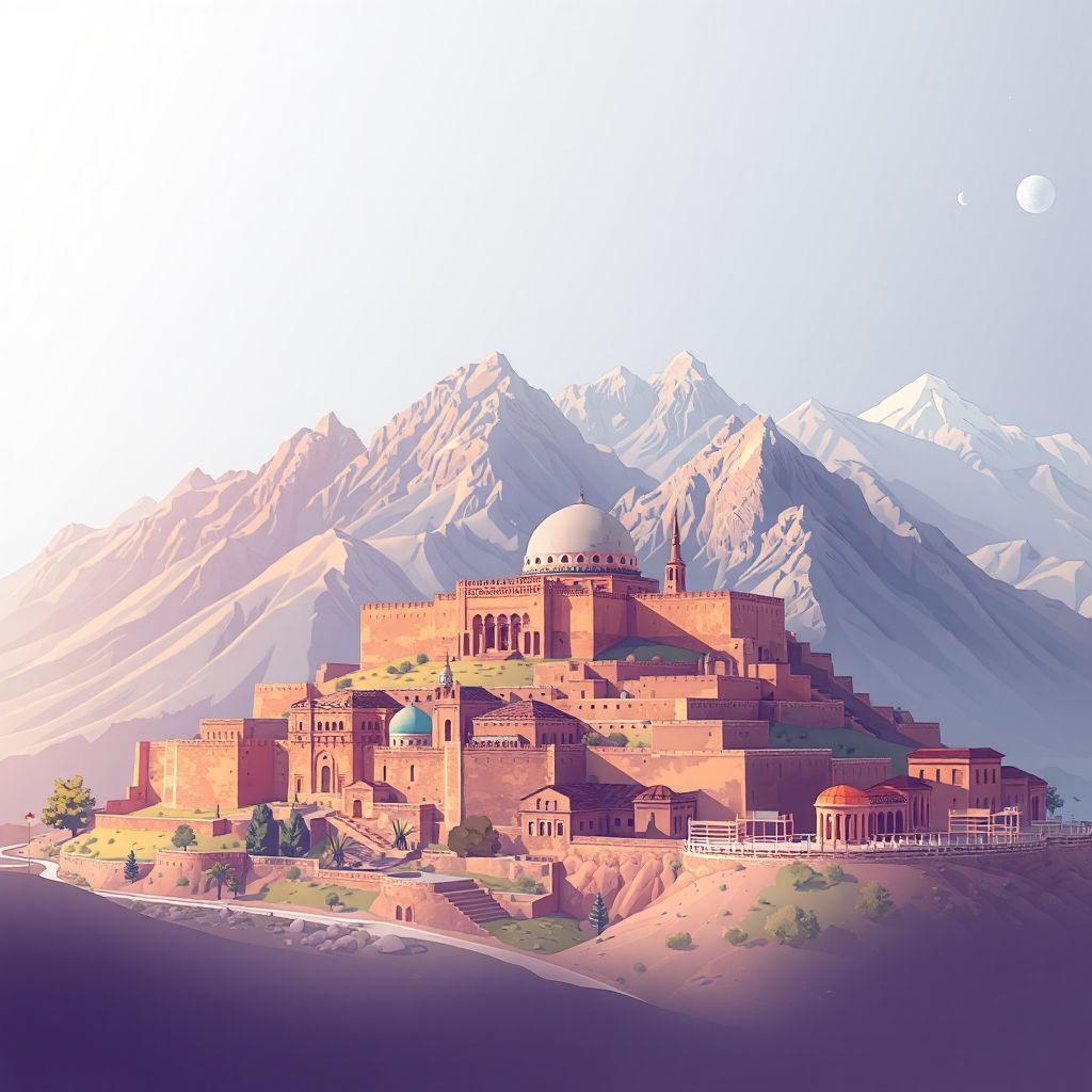 Ultra-high-definition gradient illustration style Shayb Koh illustration, showing the unique charm of the Farah Citadel and the surrounding mountains.