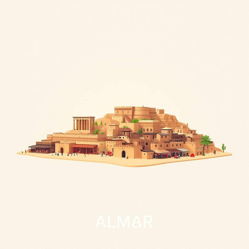 Ultra-high-definition gradient illustration style Almar illustration, showing the unique charm of the ancient ruins, the local bazaar, and the traditional mud-brick houses.