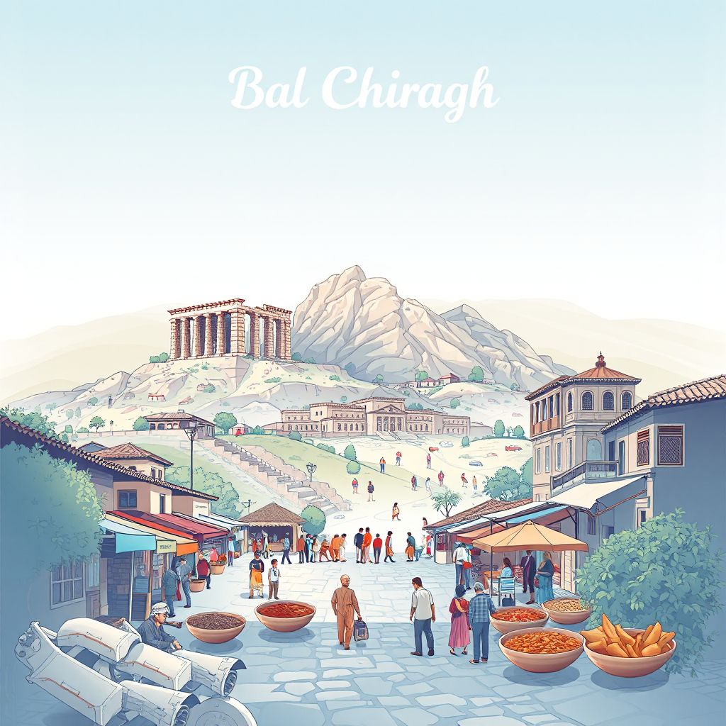 Ultra-high-definition gradient illustration style Bal Chiragh illustration, showing the unique charm of the ancient ruins of Bal Chiragh, the local bazaar.