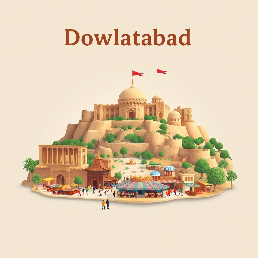 Ultra-high-definition gradient illustration style Dowlatabad illustration, showing the unique charm of the ancient ruins, the local bazaar, and traditional Afghan cuisine.