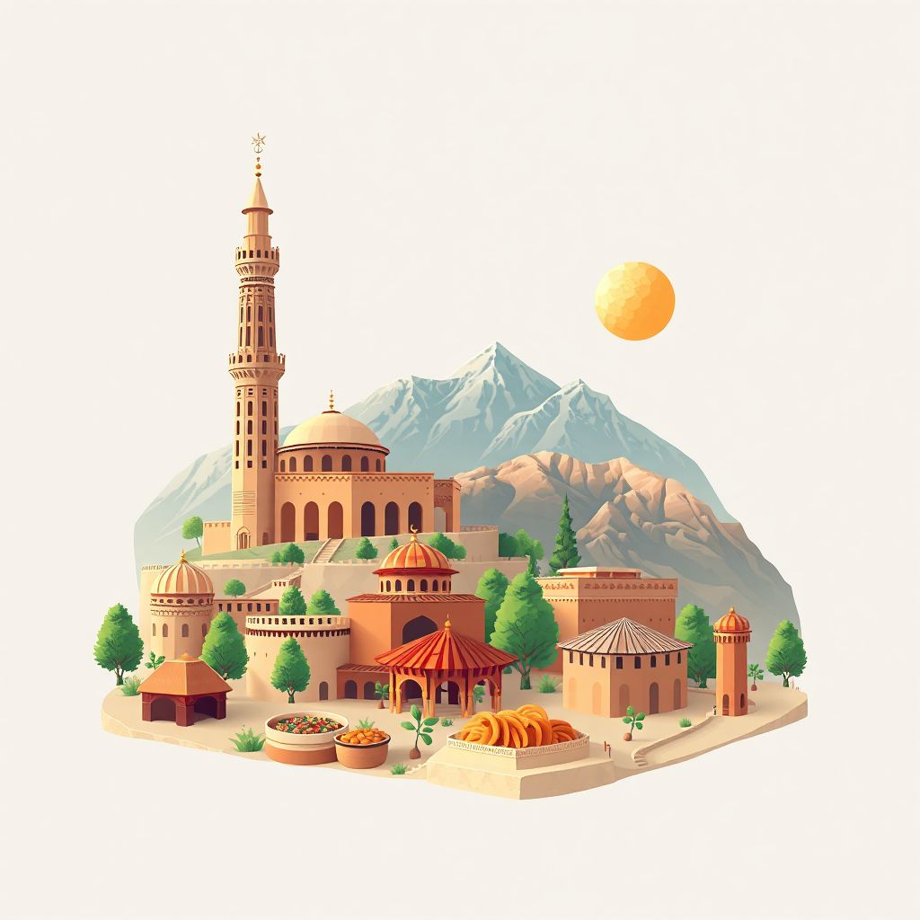 Ultra-high-definition gradient illustration style Gurziwan illustration, showing the unique charm of the Minaret of Jam and Band-e Amir National Park.
