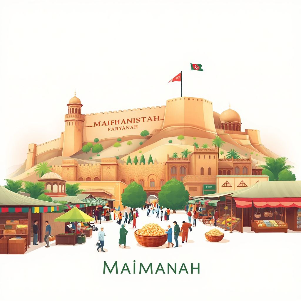 Ultra-high-definition gradient illustration style image of Maimanah, Faryab, Afghanistan, featuring ancient city walls, a bustling local bazaar, and traditional Afghan cuisine.