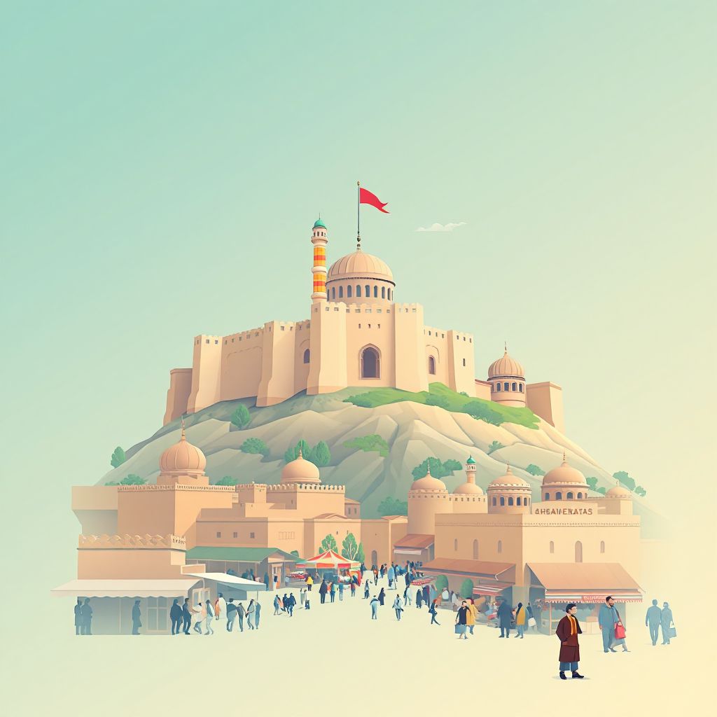 Ultra-high-definition gradient illustration style Qaisar illustration, showing the unique charm of the Qaisar Fort and the bustling Qaisar Bazaar.