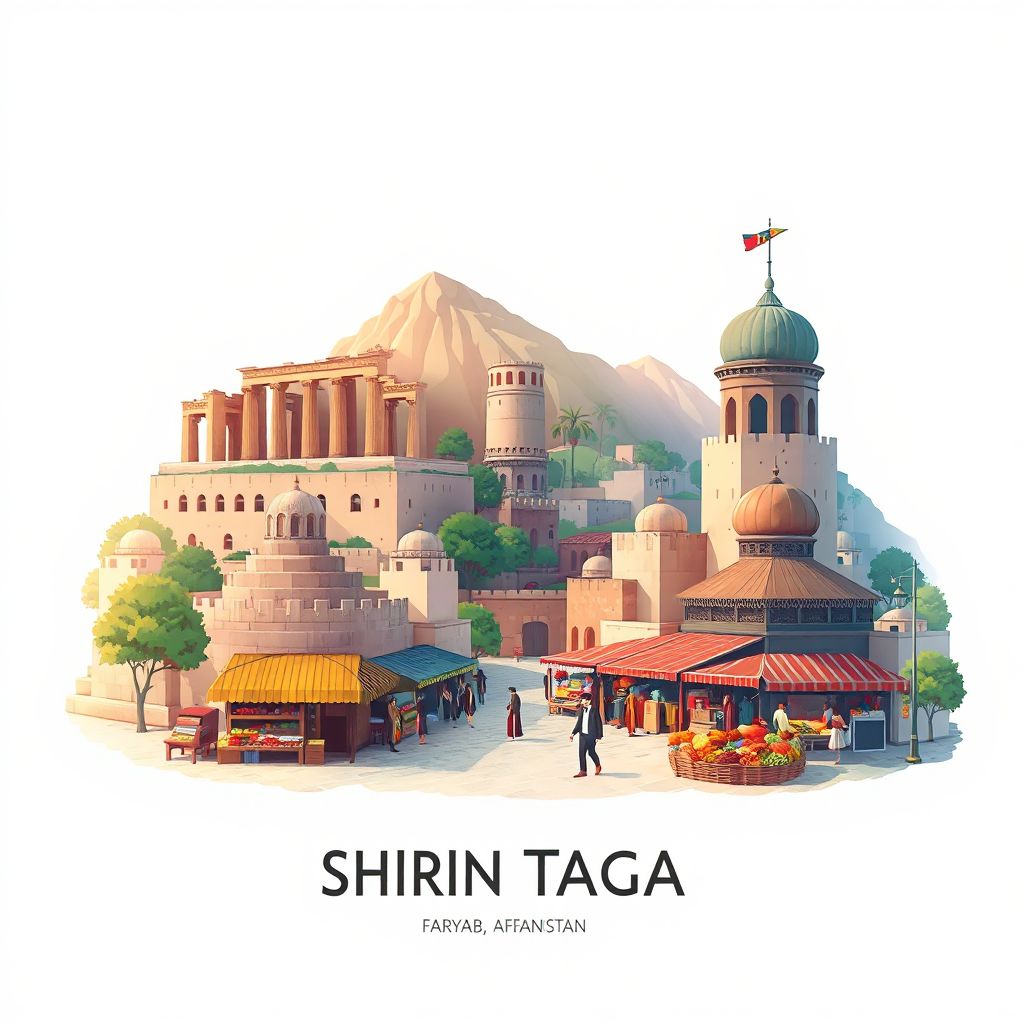 Ultra-high-definition gradient illustration style Shirin Tagab illustration, showing the unique charm of the ancient ruins, the local bazaar, and traditional Afghan cuisine.
