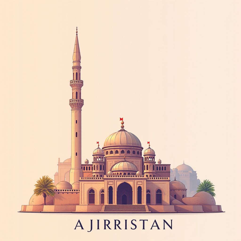 Ultra-high-definition gradient illustration style Ajristan illustration, showing the unique charm of the Ghazni Minarets and the Tomb of Sultan Mahmud of Ghazni.