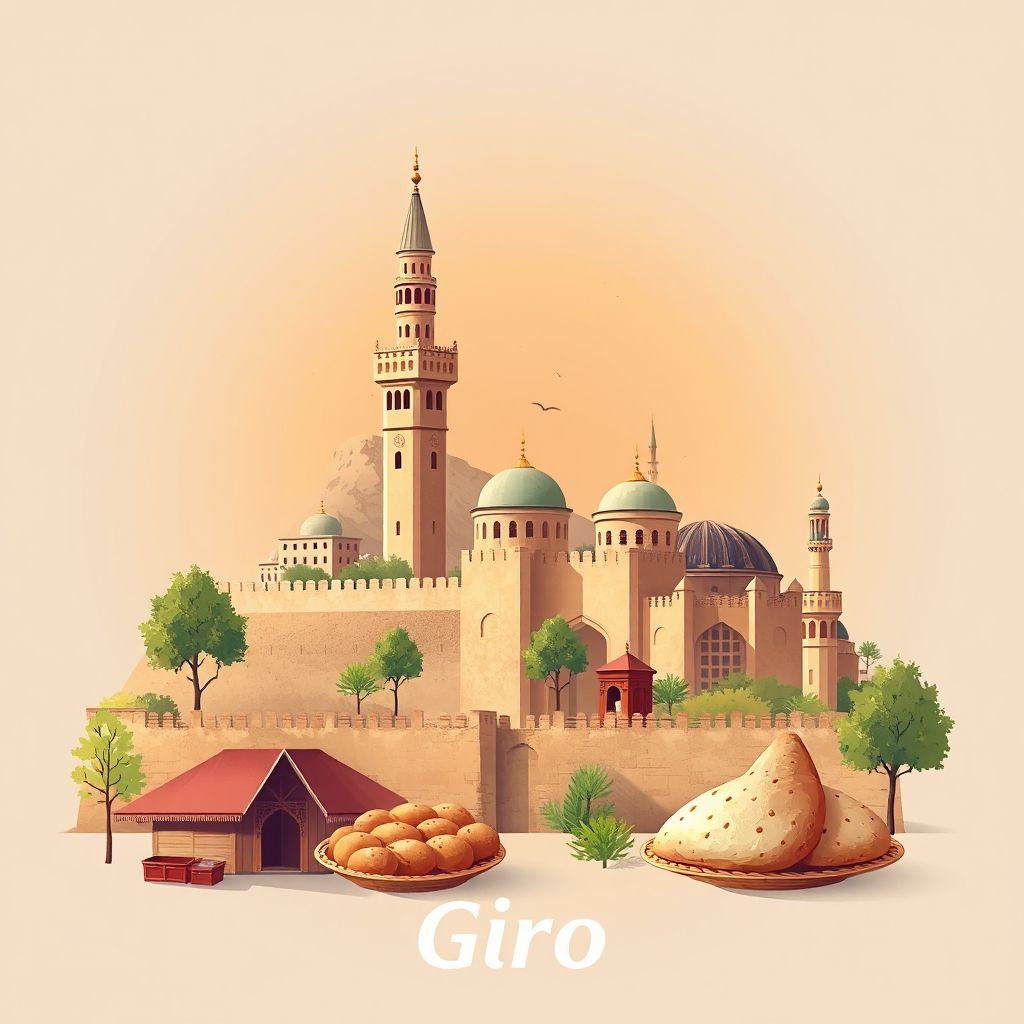 Ultra-high-definition gradient illustration style Giro illustration, showing the unique charm of the Ghazni Minaret, the ancient city walls, and Afghan bread.