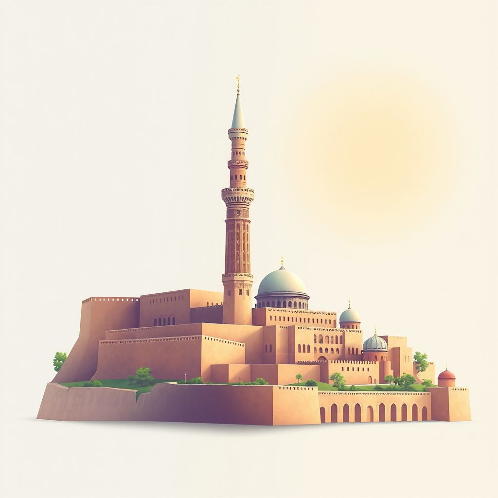 Ultra-high-definition gradient illustration style Ghazni illustration, showing the unique charm of the Ghazni Minaret and the Ghazni Citadel.