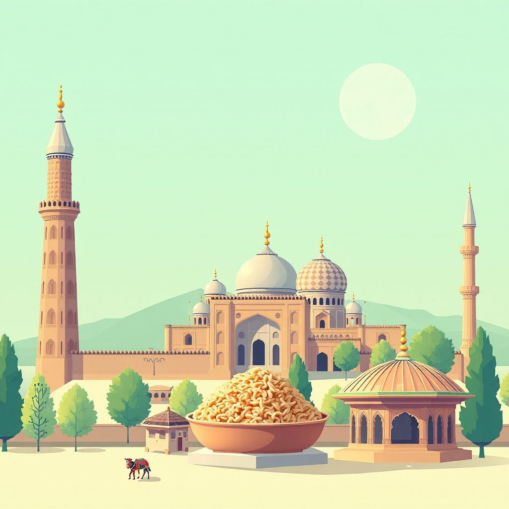 Ultra-high-definition gradient illustration style Qarah Bagh illustration, showing the unique charm of the Ghazni Minaret and the Tomb of Sultan Masud III.