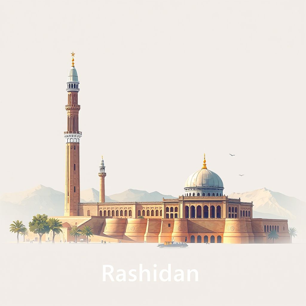 Ultra-high-definition gradient illustration style Rashidan illustration, showing the unique charm of the Ghazni Minaret and the Tomb of Sultan Masud III.