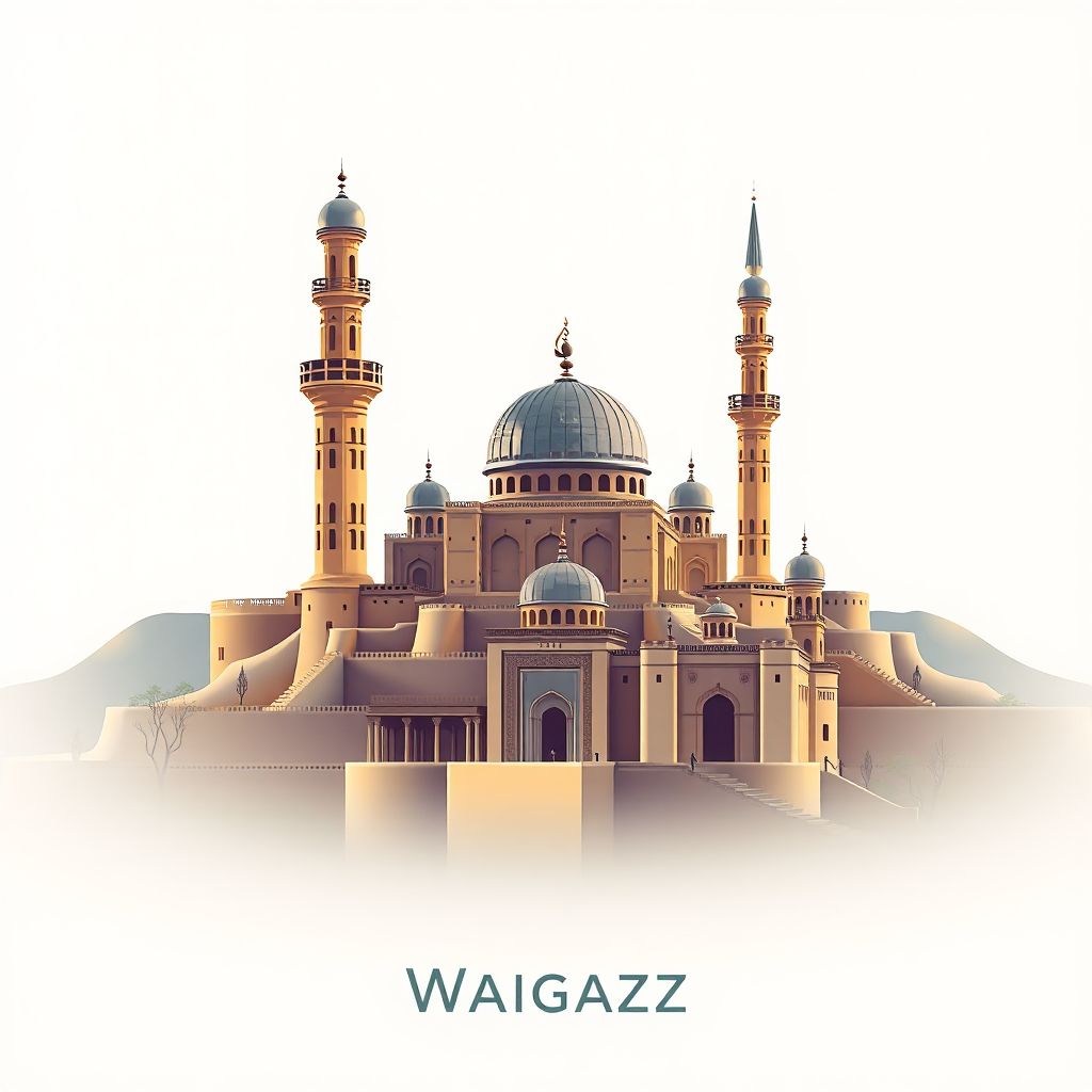 Ultra-high-definition gradient illustration style Waghaz illustration, showing the unique charm of the Ghazni Minarets, the Citadel of Ghazni, and the Tomb of Sultan Mahmud of Ghazni.