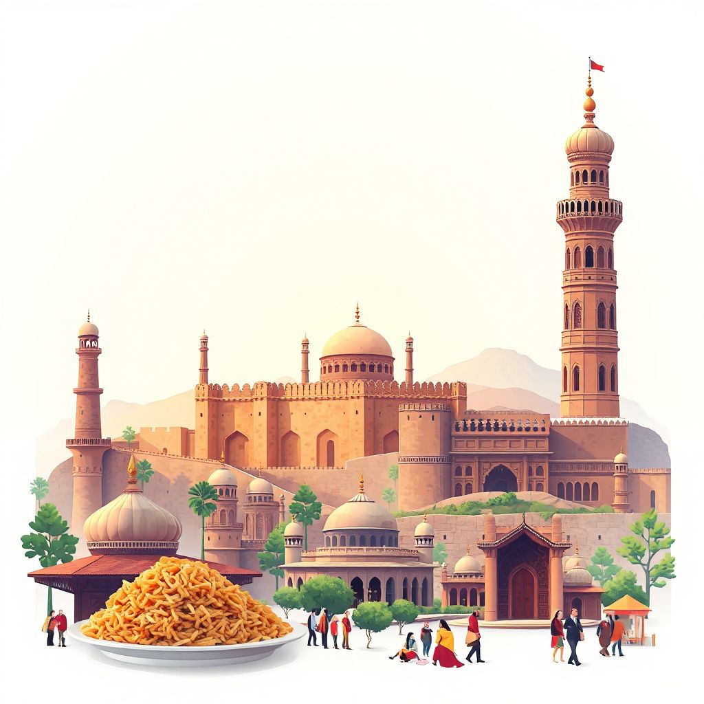 Ultra-high-definition gradient illustration of Wali Muhammad Shahid Khugyani, Ghazni, Afghanistan, featuring the Ghazni Minaret and Ghazni Citadel.