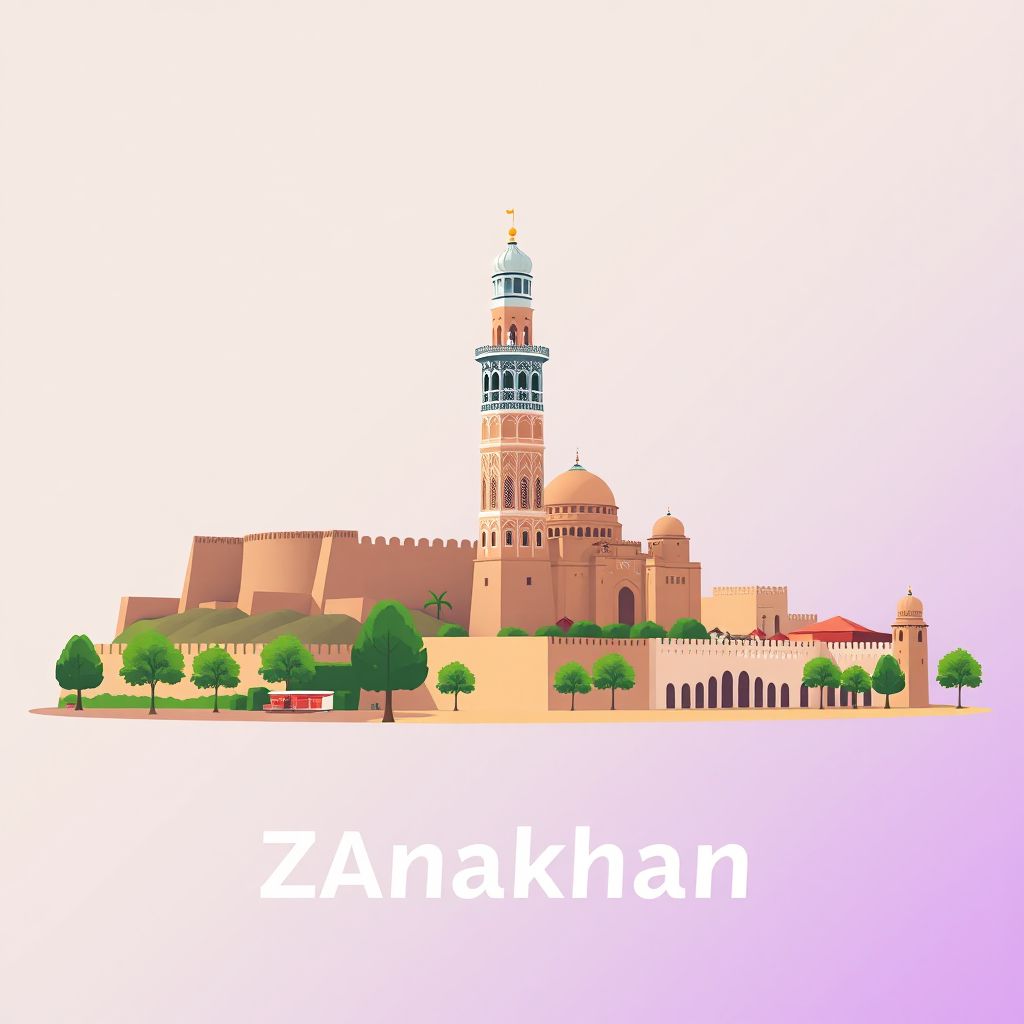 Ultra-high-definition gradient illustration style Zanakhan illustration, showing the unique charm of the Ghazni Minaret and the historic Ghazni Citadel.