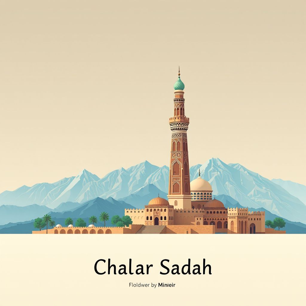 Ultra-high-definition gradient illustration style Chahar Sadah illustration, showing the unique charm of the Minaret of Jam and the stunning landscapes of the Ghowr region.