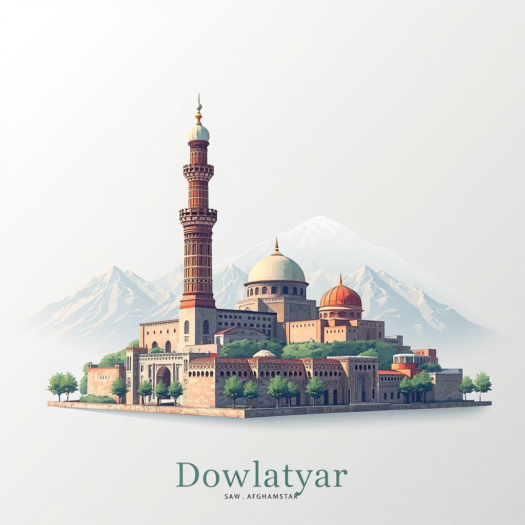 Ultra-high-definition gradient illustration style Dowlatyar illustration, showing the unique charm of the Minaret of Jam and the stunning landscapes of the Ghowr Province.