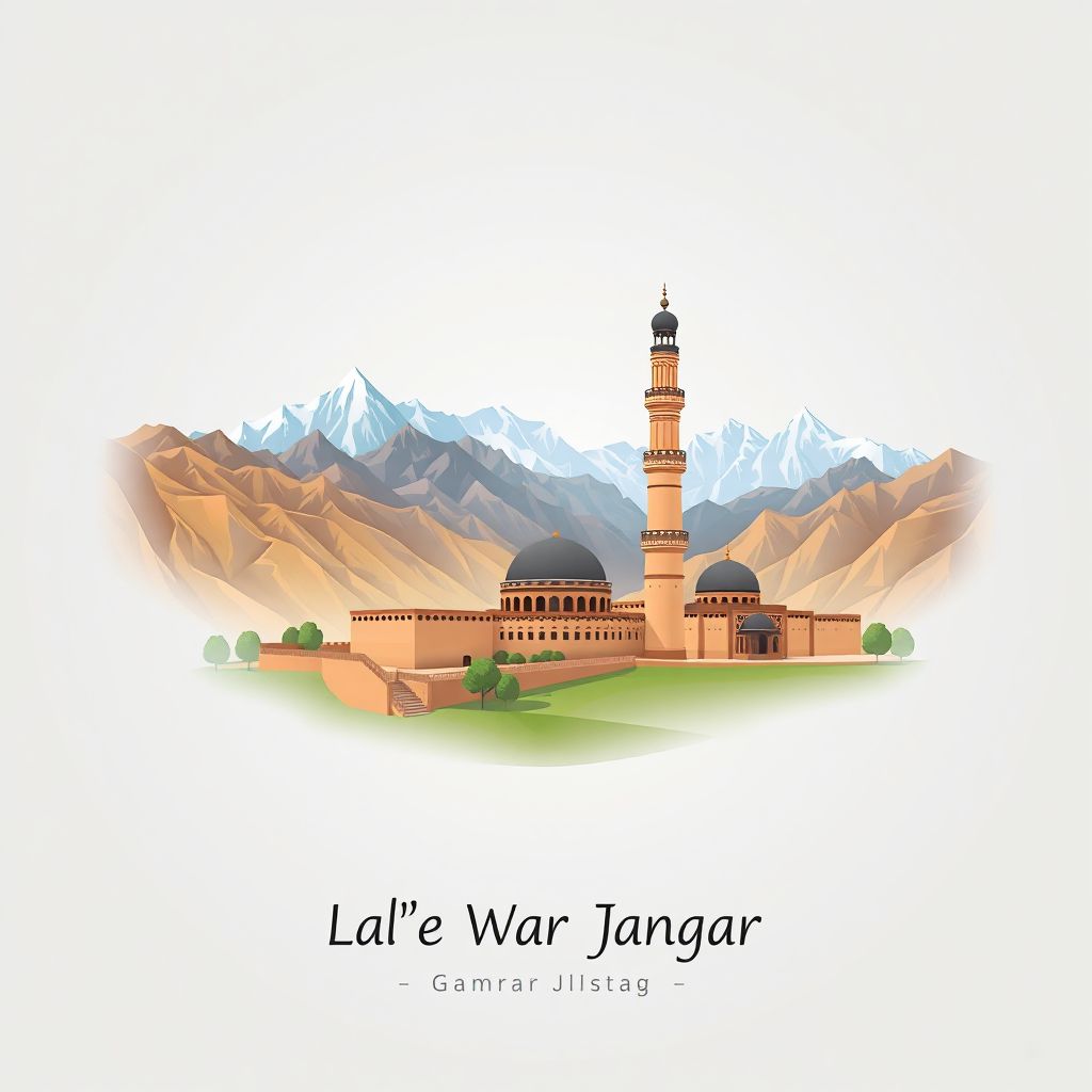 Ultra-high-definition gradient illustration style La'l wa Sar Jangal image, showing the unique charm of the Minaret of Jam and the surrounding mountains.