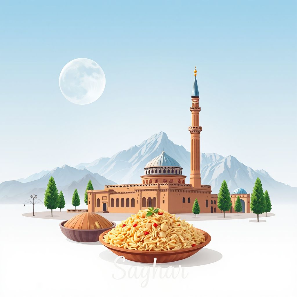 Ultra-high-definition gradient illustration style Saghar illustration, showing the unique charm of the Minaret of Jam, the Band-e Amir National Park, and Kabuli Pulao.