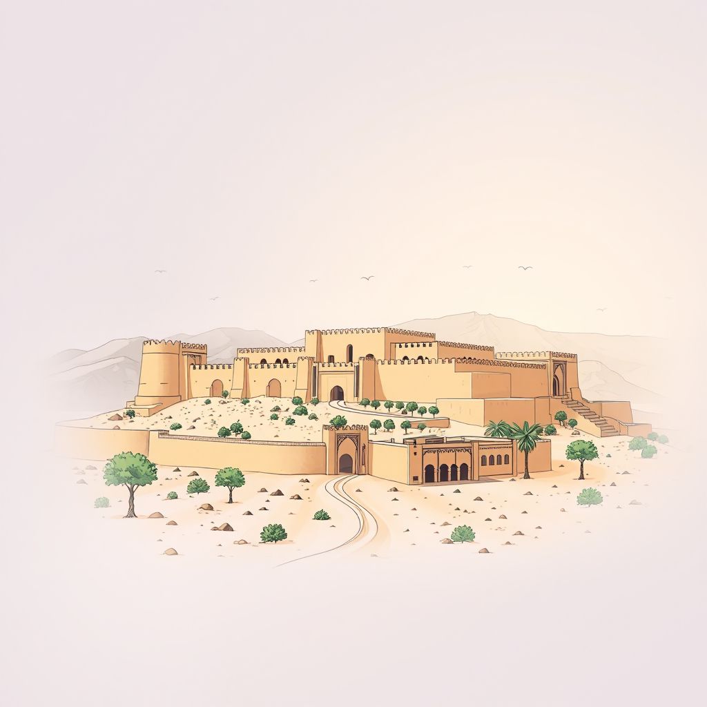 Ultra-high-definition gradient illustration style Baghran illustration, showing the unique charm of the Baghran Fort and desert landscapes.