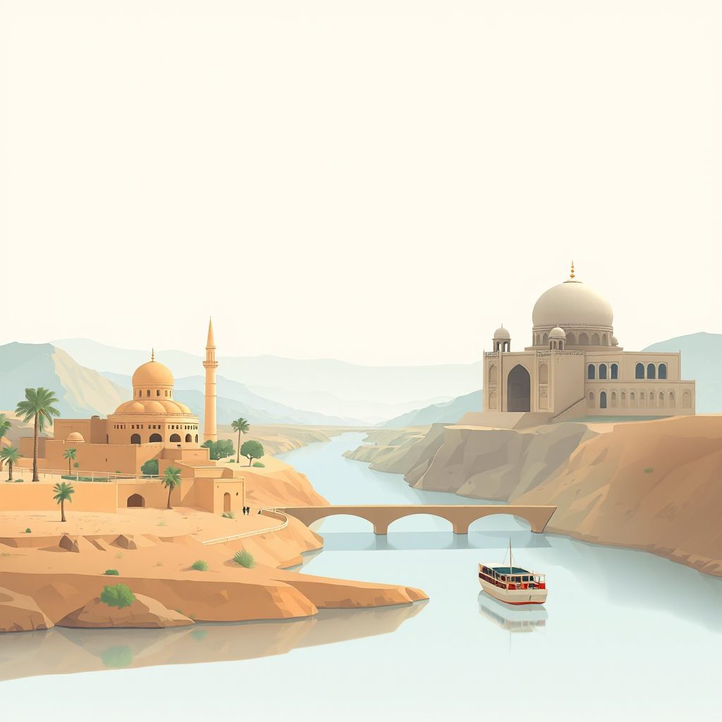 Ultra-high-definition gradient illustration style Dishu illustration, showing the unique charm of the Helmand River and desert landscapes.