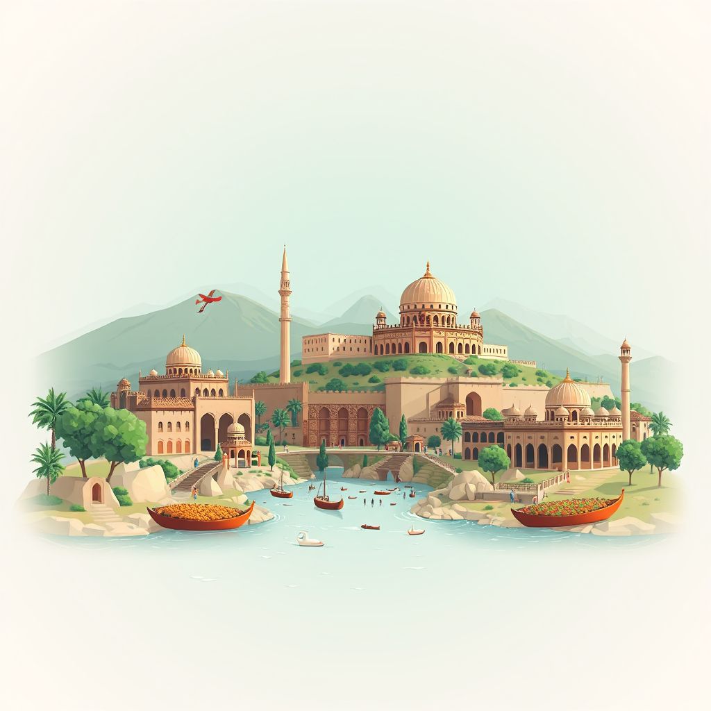 Ultra-high-definition gradient illustration style Nahr-e Saraj illustration, showing the unique charm of the Helmand River and historic sites of ancient civilizations.