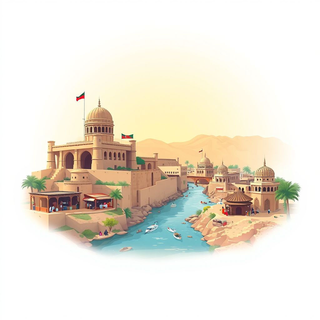 Ultra-high-definition gradient illustration style Nawah-ye Barakzai illustration, showing the unique charm of the Helmand River, the ancient ruins of Lashkar Gah, and the local bazaars.