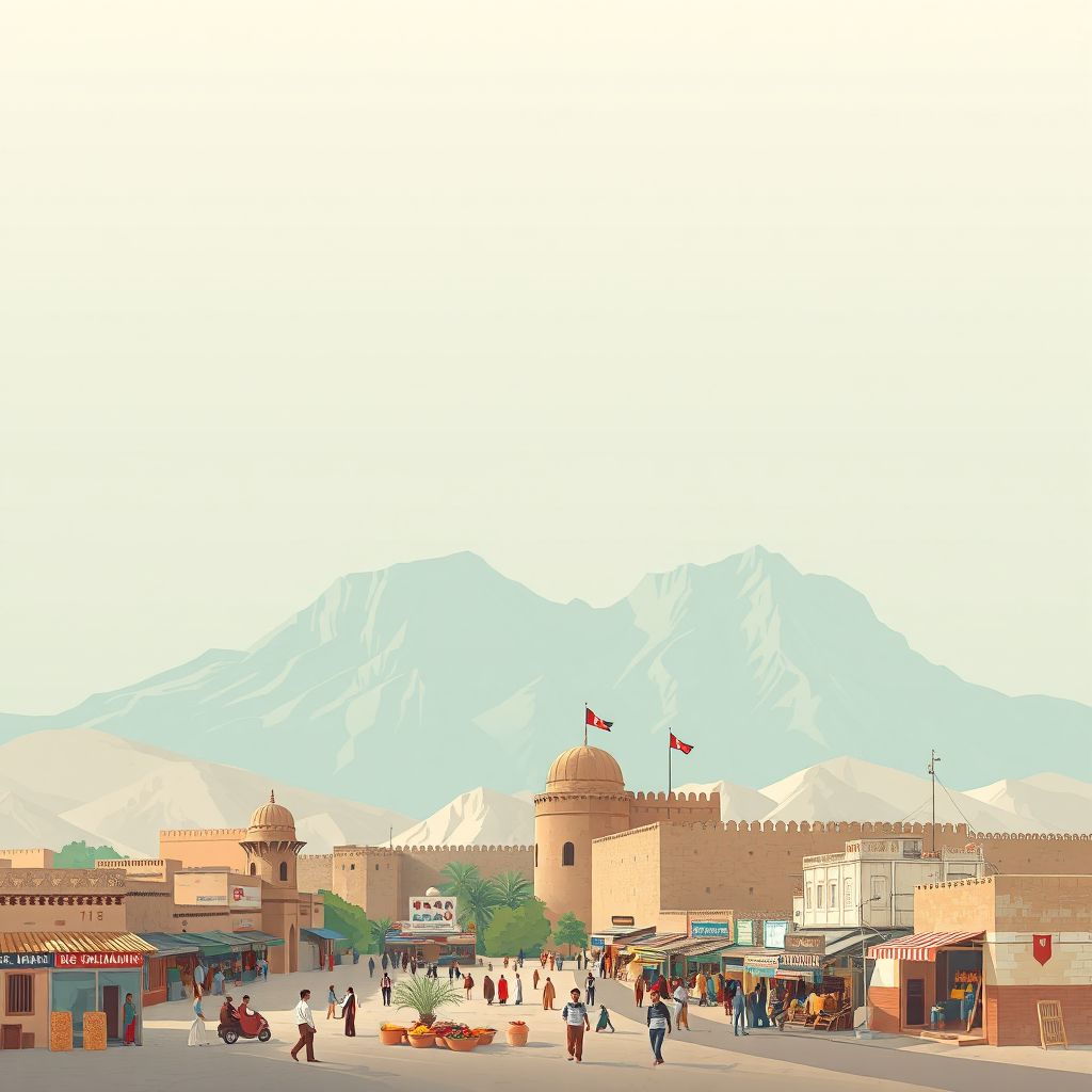 Ultra-high-definition gradient illustration style Reg-e Khan Neshin illustration, showing the unique charm of ancient mud-brick fortresses, vibrant local bazaars, and traditional Afghan cuisine.