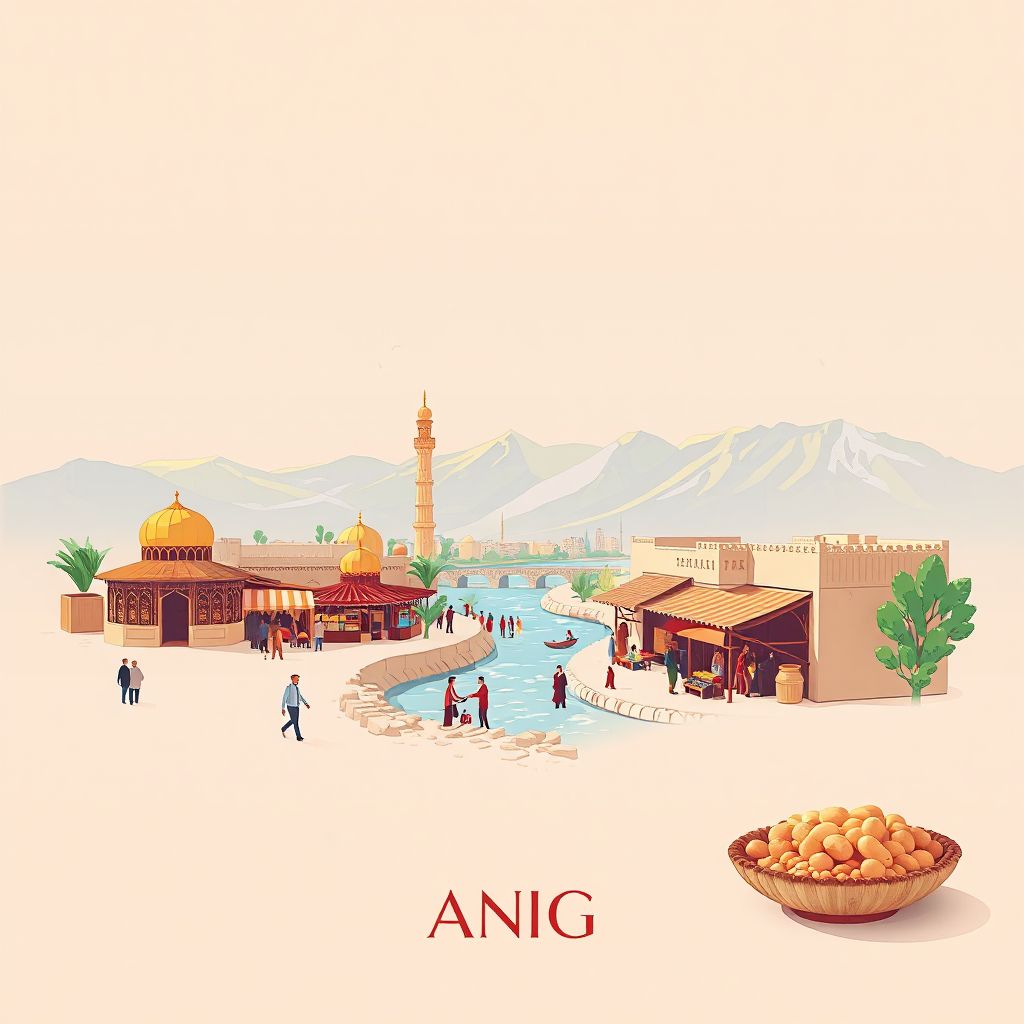Ultra-high-definition gradient illustration style Sangin illustration, showing the unique charm of the Sangin Bazaar, the Helmand River, and traditional Afghan cuisine.