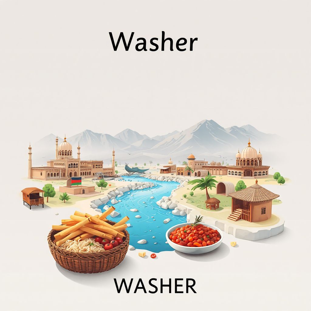 Ultra-high-definition gradient illustration of Washer, Washer, Helmand, Afghanistan, featuring the Helmand River and Mantu.