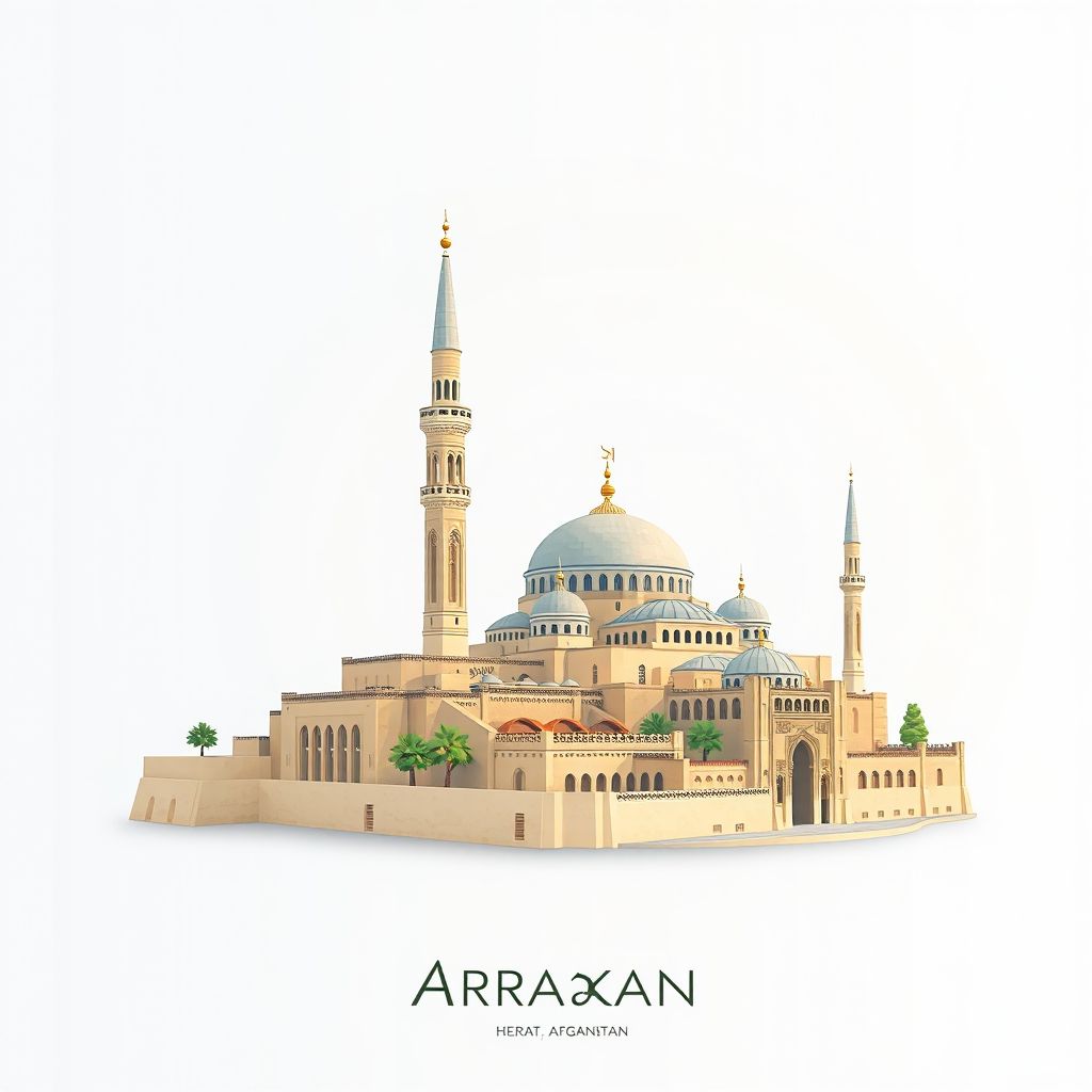 Ultra-high-definition gradient illustration style Adraskan illustration, showing the unique charm of the Minaret of Jam, the Citadel of Herat, and the Friday Mosque of Herat.