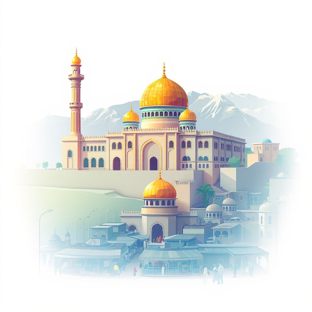 Ultra-high-definition gradient illustration style Chisht-e Sharif illustration, showing the unique charm of the Chisht-e Sharif Shrine and the local bazaar.